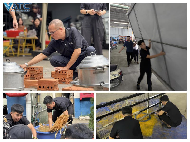 các anh em hăng say tất bật chuẩn bị từng nguyên vật liệu