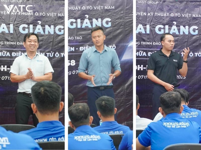 quý ban lãnh đạo cùng quý giảng viên phát biểu trong buổi lễ khai giảng lớp kỹ thuật sửa chữa điện - điện tử ô tô k58